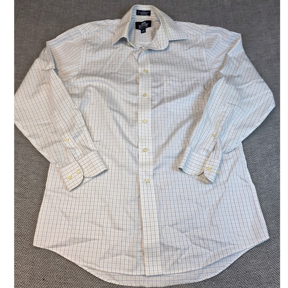 Stafford Super Shirt Mens 15 32-33 Tall White Blue Grid Twill Wrinkle Free Shirt
